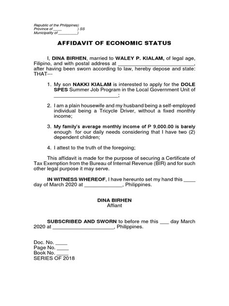 affidavit of economic status|Affidavits .